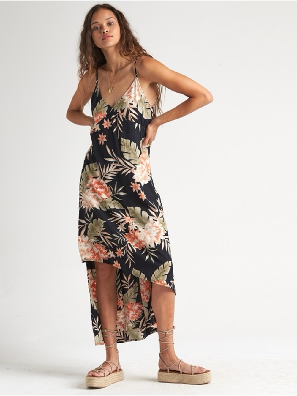 BILLABONG The Best Dress Tropical Prints Hi-Lo Asymmetric Hem Maxi Large Beach